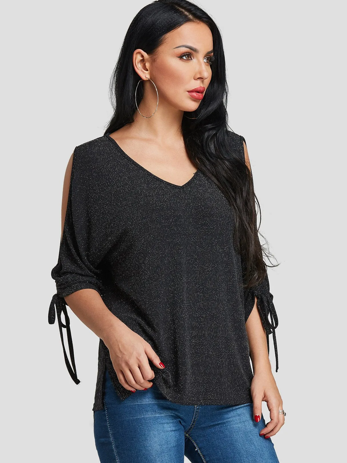 Custom V-Neck Cut Out 3/4 Sleeve Black T-Shirts