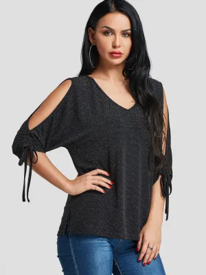 Custom V-Neck Cut Out 3/4 Sleeve Black T-Shirts