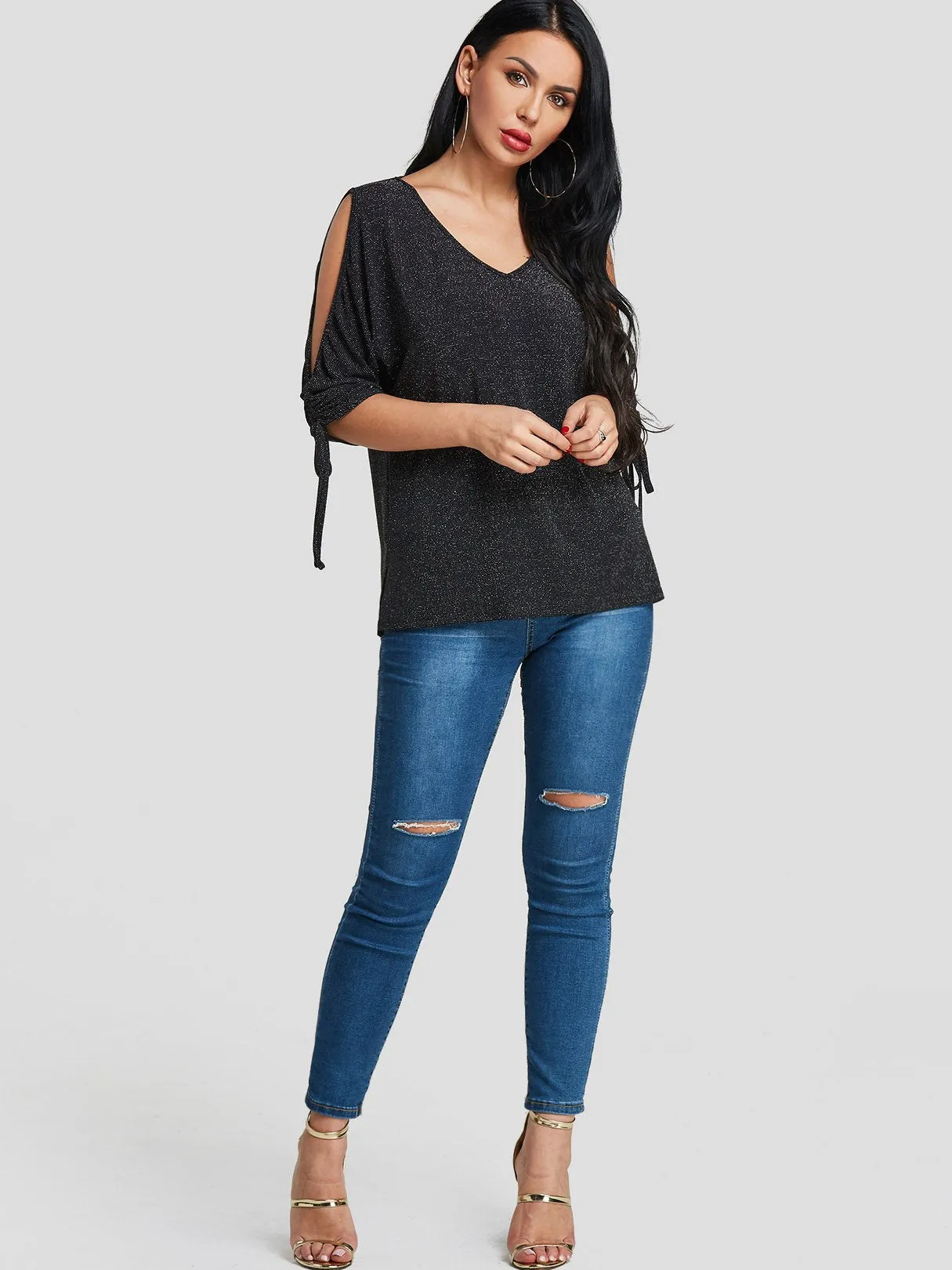 Custom V-Neck Cut Out 3/4 Sleeve Black T-Shirts