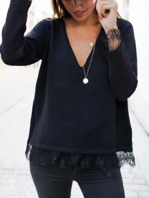 Custom V-Neck Lace Long Sleeve Black T-Shirt