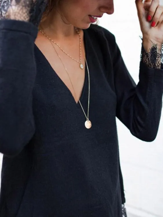 Custom V-Neck Lace Long Sleeve Black T-Shirt