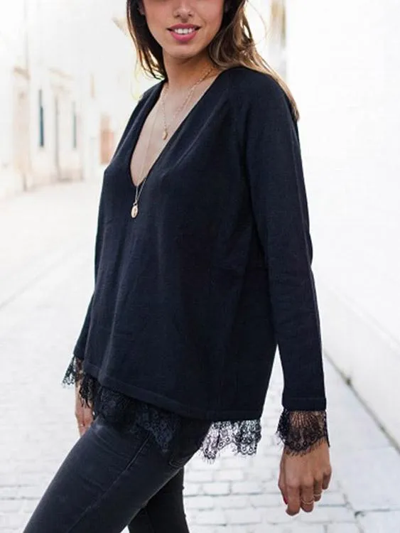 Custom V-Neck Lace Long Sleeve Black T-Shirt