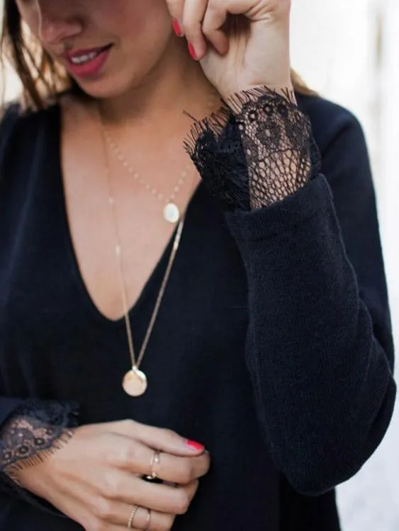 Custom V-Neck Lace Long Sleeve Black T-Shirt