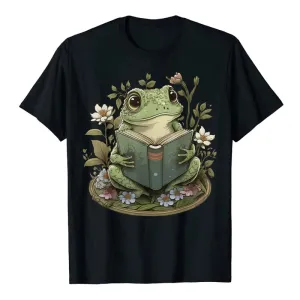 Cute Cottagecore Floral Frog Reading Women's Graphic T-Shirt