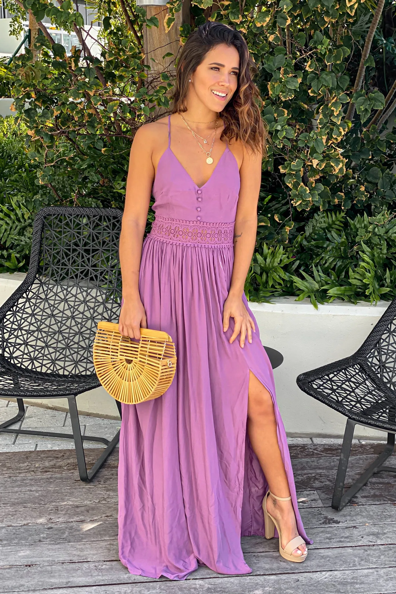 Dark Berry Maxi Dress with Crochet Trim