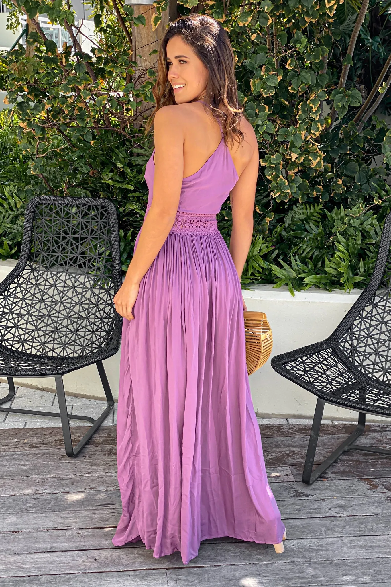 Dark Berry Maxi Dress with Crochet Trim