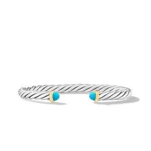 David Yurman Cable Cuff Sterling Silver with 14K Yellow Gold and Turquoise 6mm Bracelet - Medium