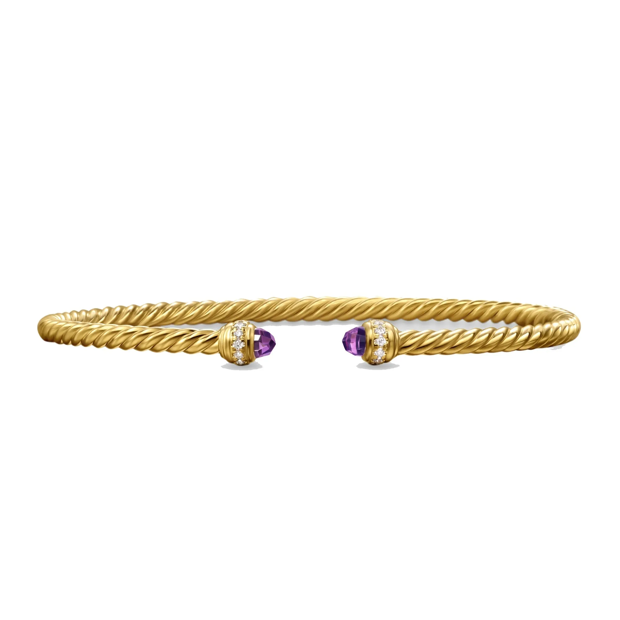 David Yurman Classic Cablespira 18K Yellow Gold with Amethyst and Diamonds 3mm Cuff Bracelet - Medium