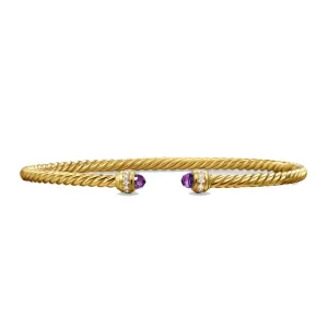 David Yurman Classic Cablespira 18K Yellow Gold with Amethyst and Diamonds 3mm Cuff Bracelet - Medium