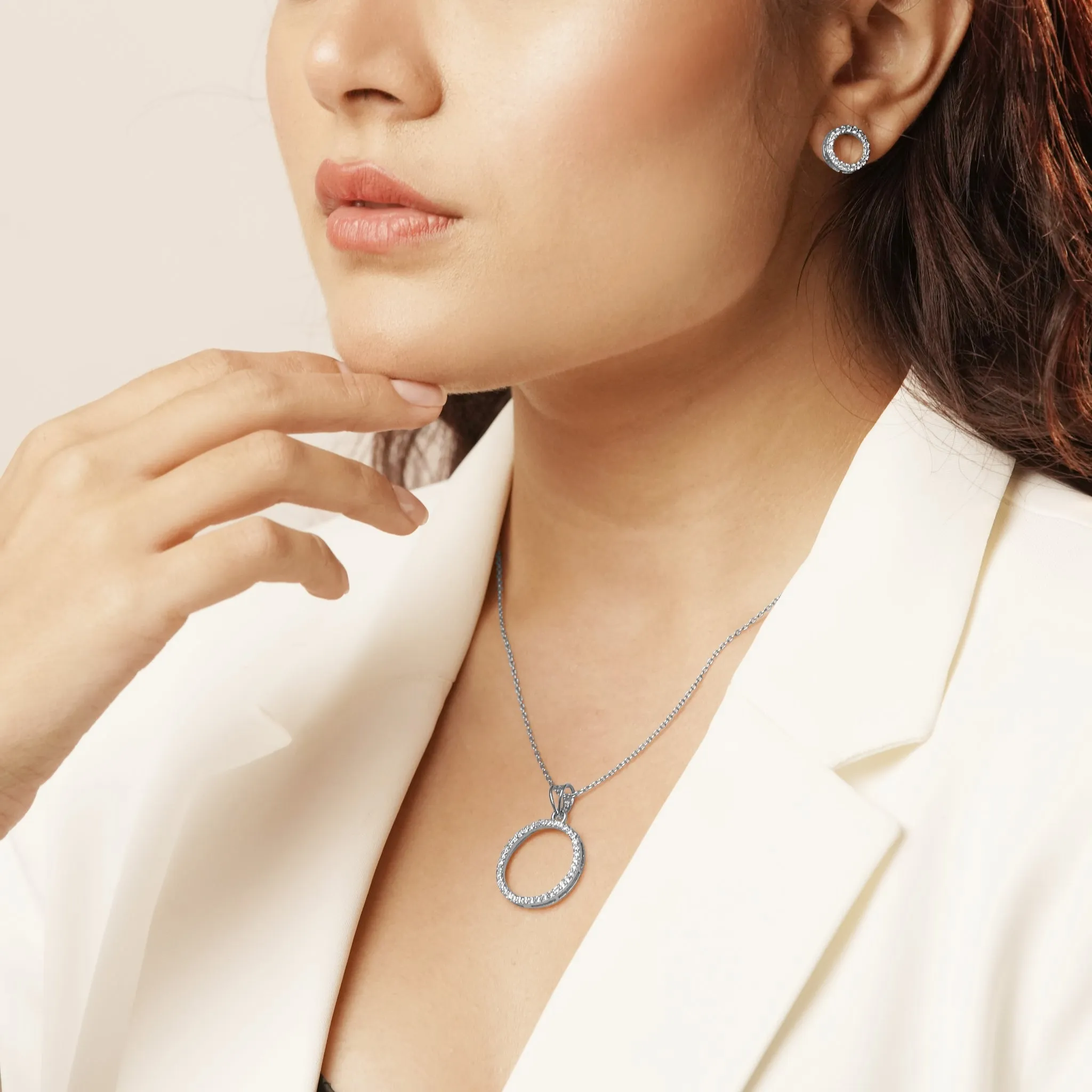 Dazzling Silver Crystal Circle Diamonds Necklace & Earrings Set Hypoallergenic Jewelry