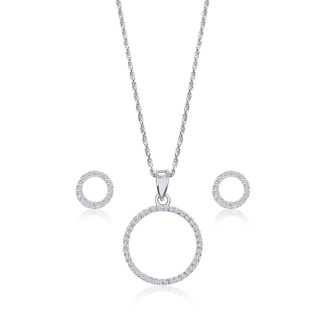 Dazzling Silver Crystal Circle Diamonds Necklace & Earrings Set Hypoallergenic Jewelry