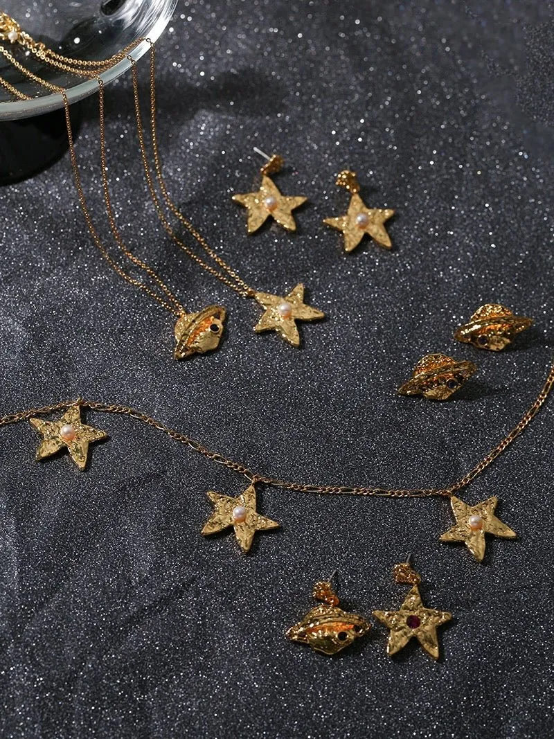 Dazzling Stars Pentagram Planet Element Necklace Gold Single Pendant