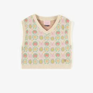 Débardeur de maille crème sans manche à motifs, enfant || Cream patterned no sleeved tank top in knitwear, child