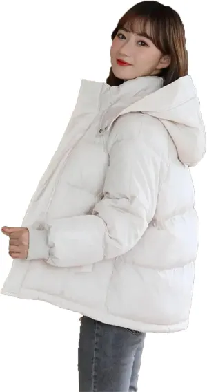 Dcvmvmn Women's Warm Down Jacket Winter Hooded Short Cotton Padded Outwear Female Loose Thicken Coat Beige