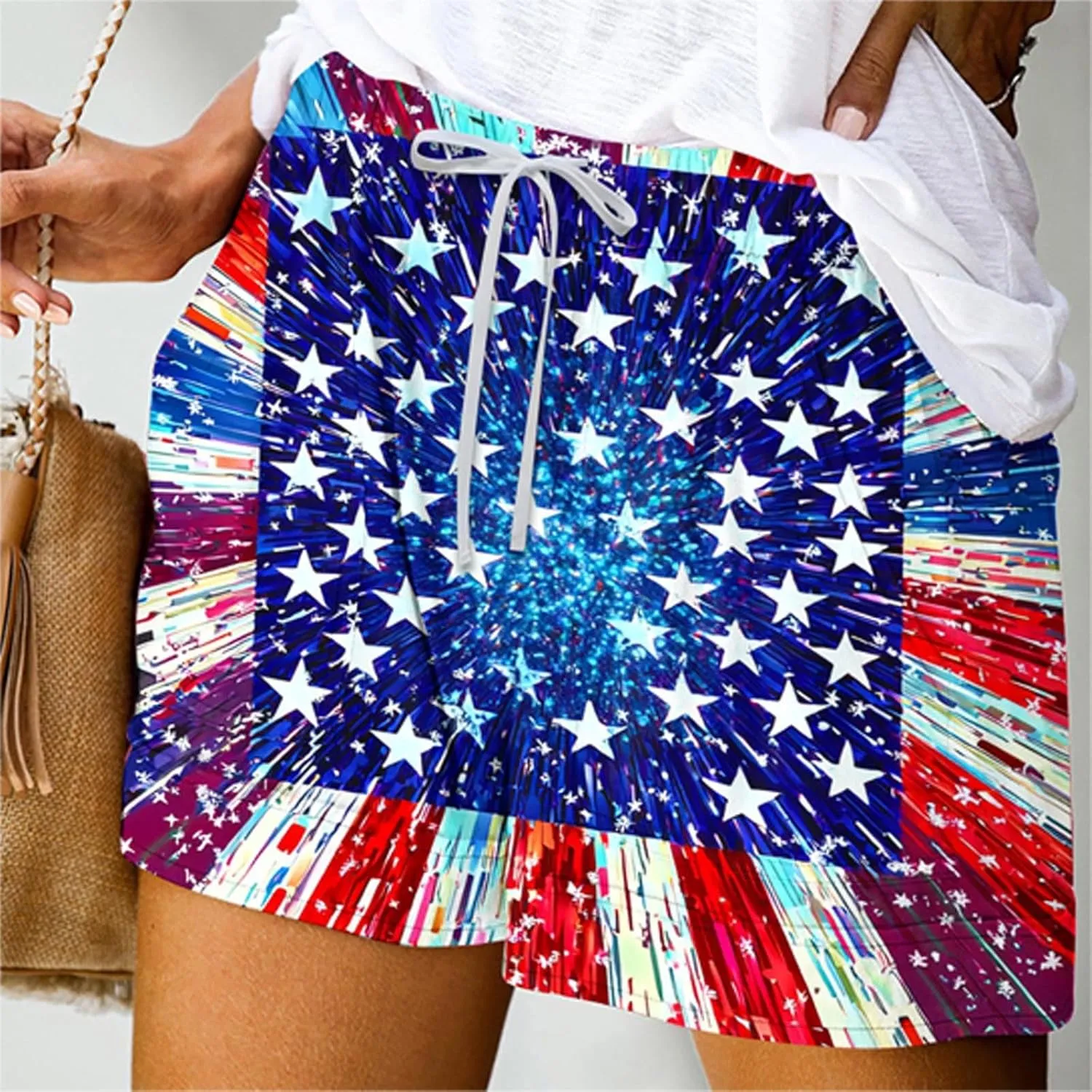 DDAPJ pyju American Flag Shorts for Women 2025 Summer Casual Drawstring High Waist Shorts Star Striped 4th of July Outfits