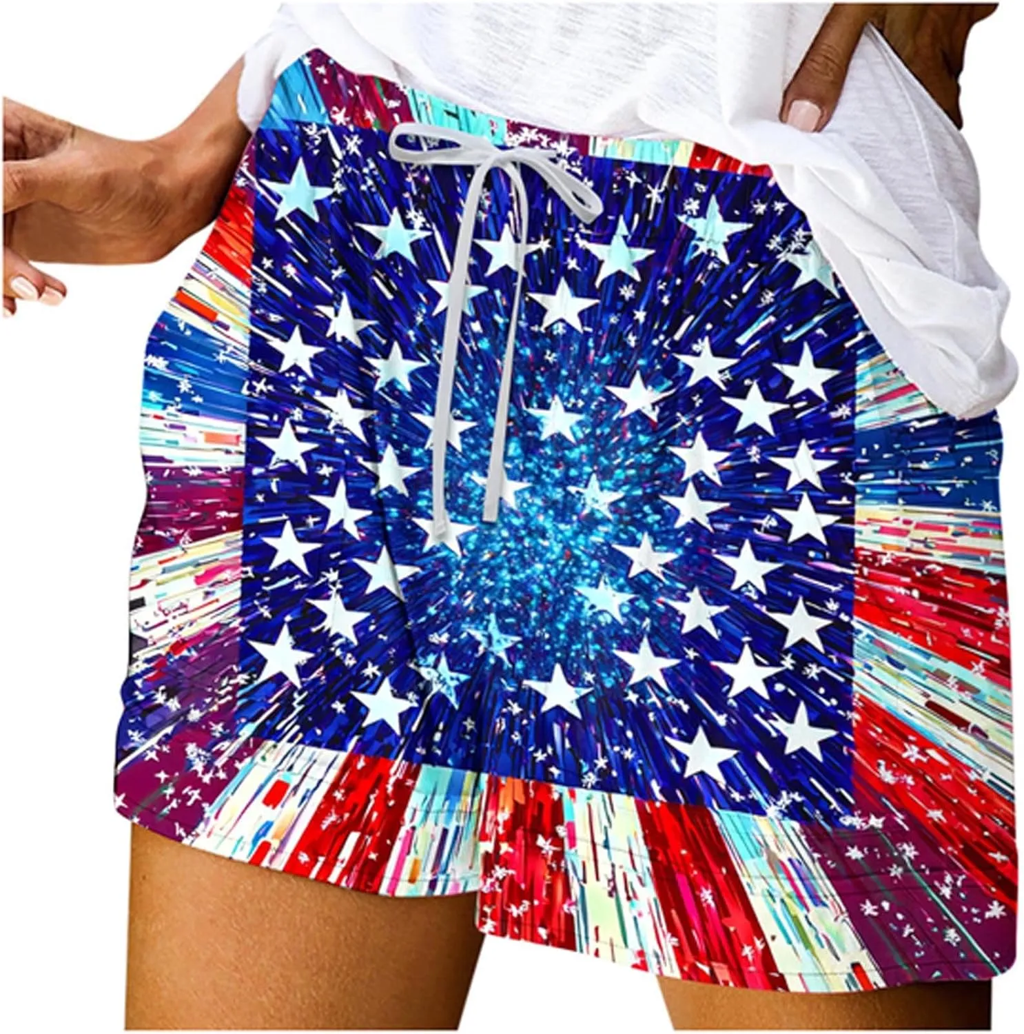 DDAPJ pyju American Flag Shorts for Women 2025 Summer Casual Drawstring High Waist Shorts Star Striped 4th of July Outfits