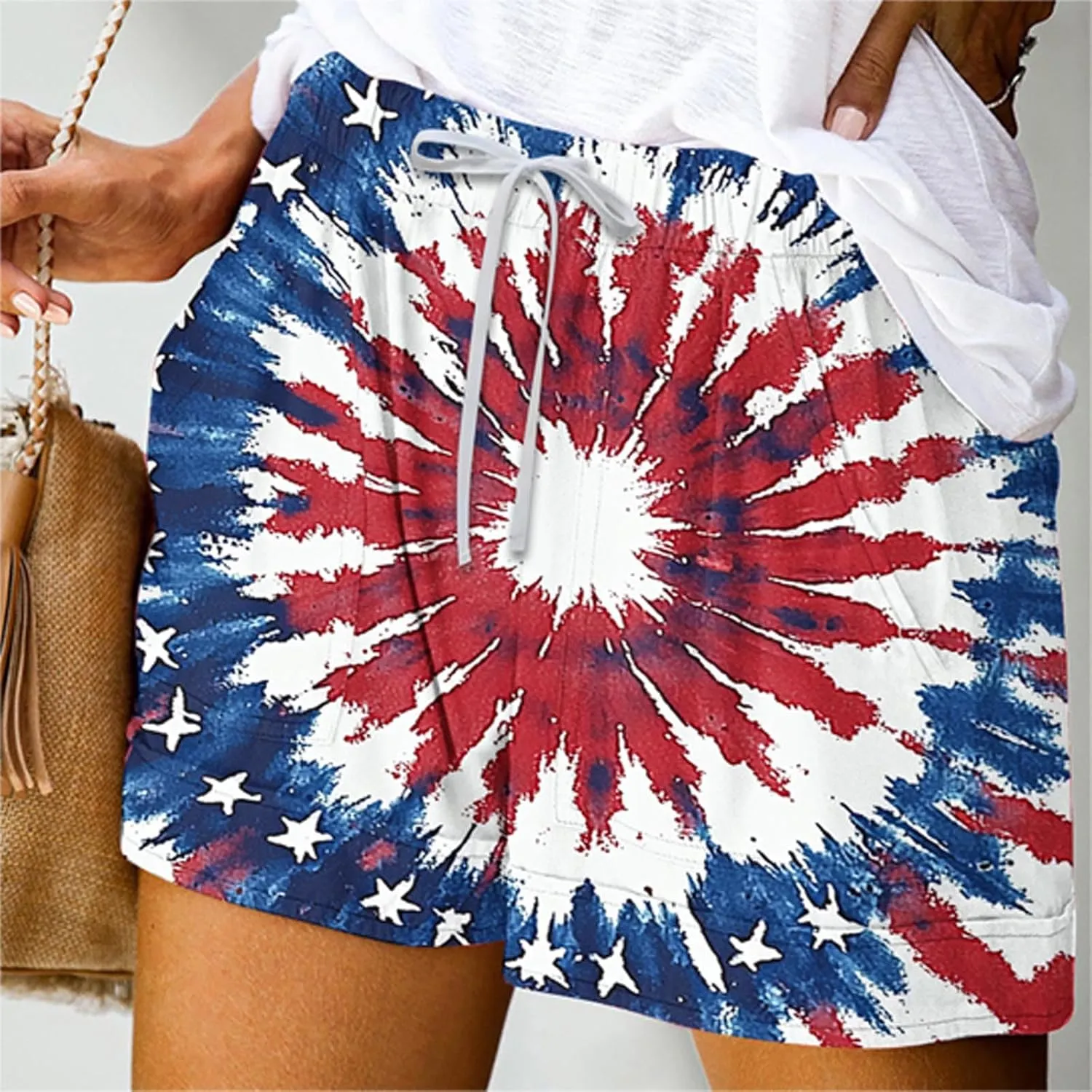 DDAPJ pyju American Flag Shorts for Women 2025 Summer Casual Drawstring High Waist Shorts Star Striped 4th of July Outfits