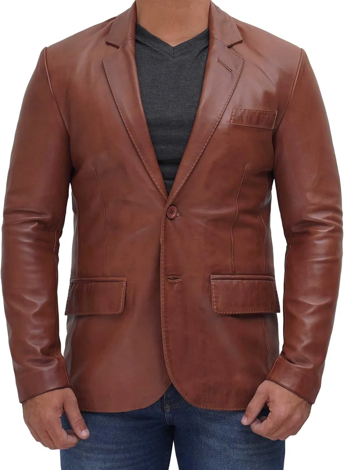 Decrum Lambskin Leather Blazer Men - Real Brown and Black Leather Jacket Men