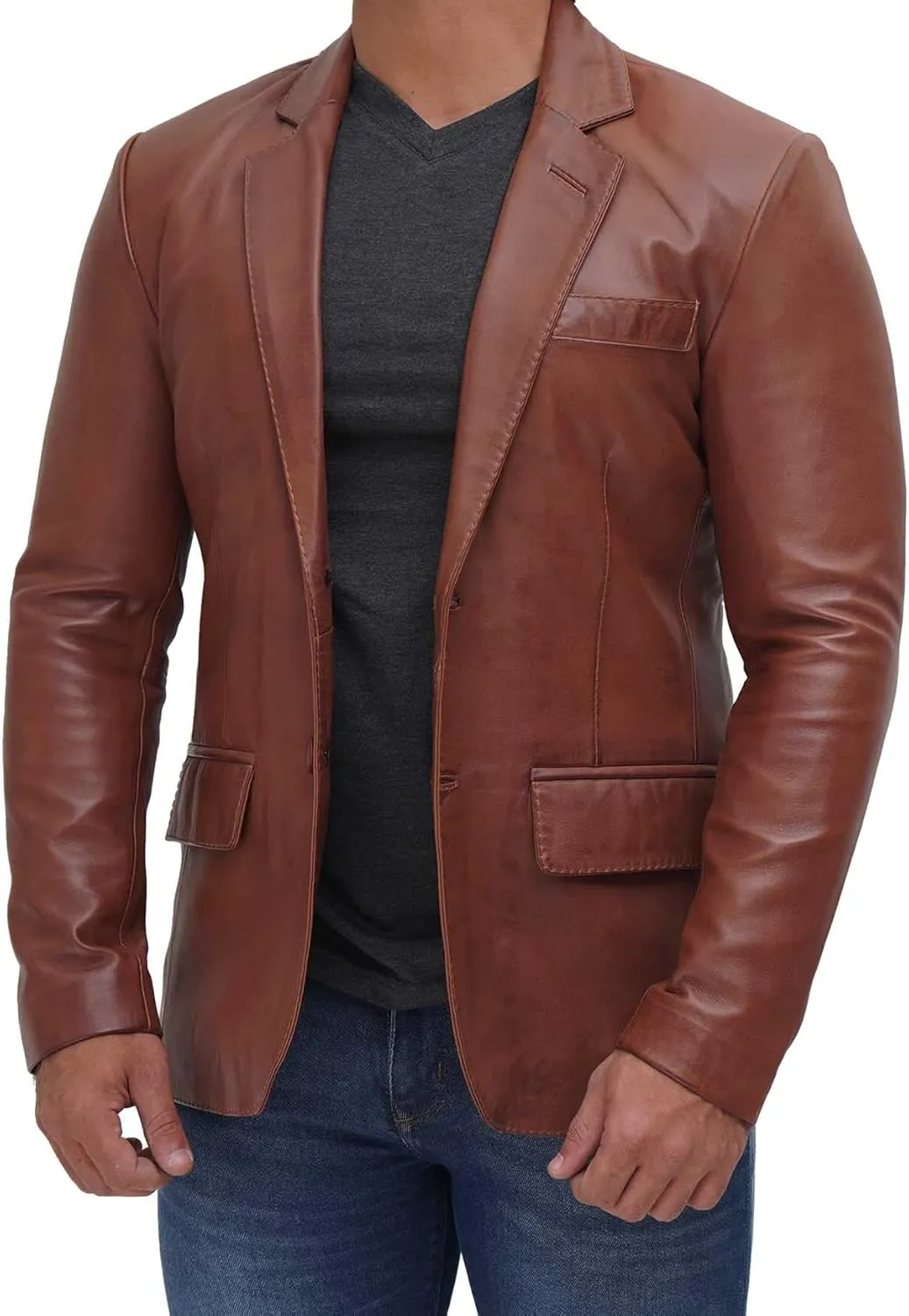 Decrum Lambskin Leather Blazer Men - Real Brown and Black Leather Jacket Men