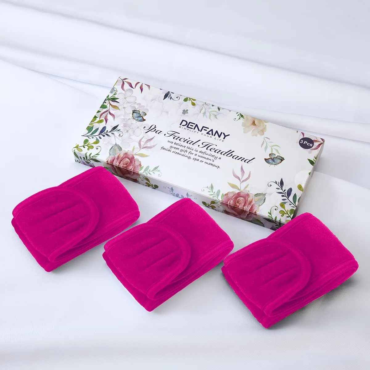 Denfany 3 Pack Makeup Headband, Ultra Soft Adjustable Spa Facial Headbands Terry Cloth Stretch Make Up Wrap for Face Washing, Bathing, Showers (Rose Red)
