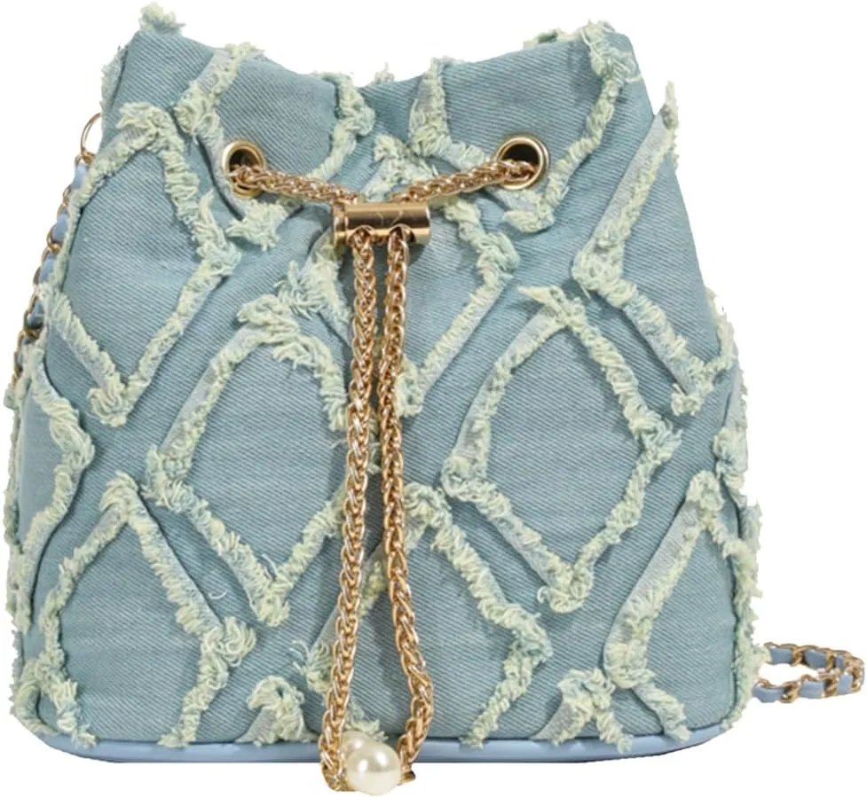 Denim Bucket Bag, Trendy Denim Purses for Women Versatile Denim Crossbody Bag Drawstring Quilted Barrel Shape Satchel