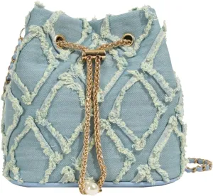 Denim Bucket Bag, Trendy Denim Purses for Women Versatile Denim Crossbody Bag Drawstring Quilted Barrel Shape Satchel