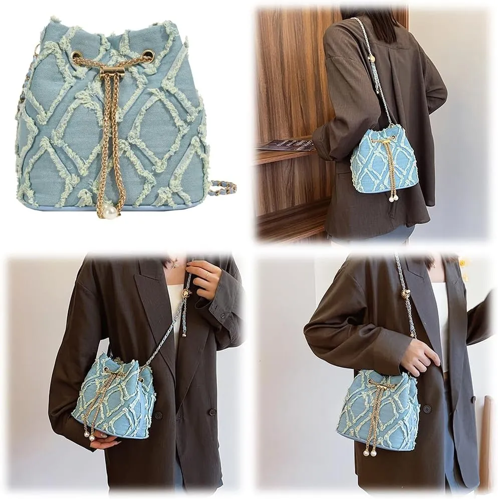 Denim Bucket Bag, Trendy Denim Purses for Women Versatile Denim Crossbody Bag Drawstring Quilted Barrel Shape Satchel