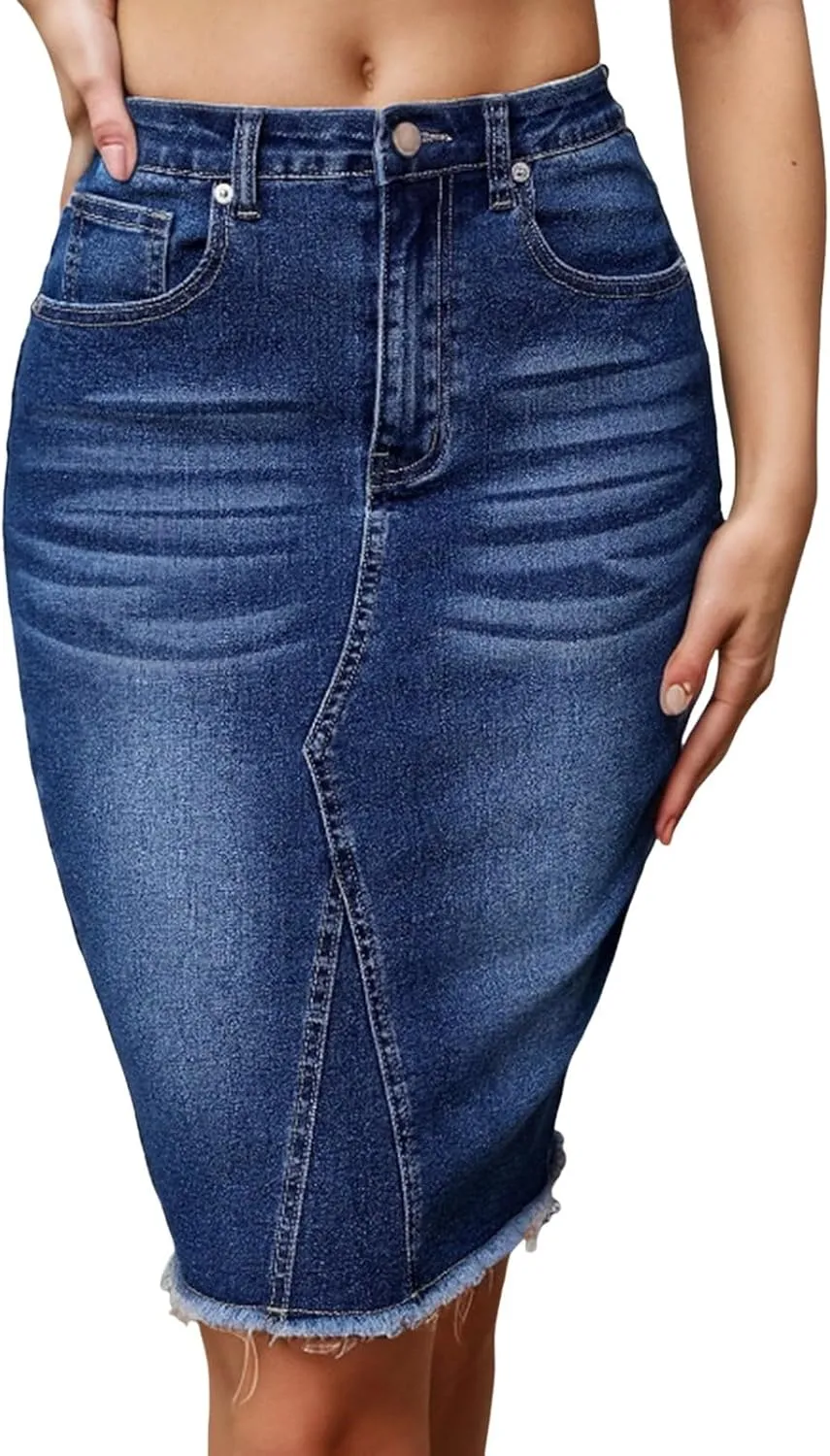 Denim Skirt Women Trendy Stretch High Waisted Summer 2025 Casual Ladies Bodycon Skinny Knee Length Jean Pencil Skirts