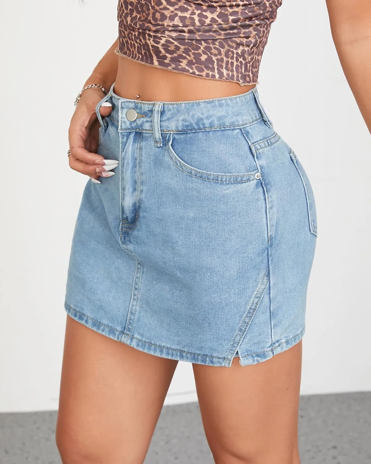 Denim Skorts Skirts Womens High Waisted Denim Mini Shorts Side Slit Denim Jean Skort Skirt.