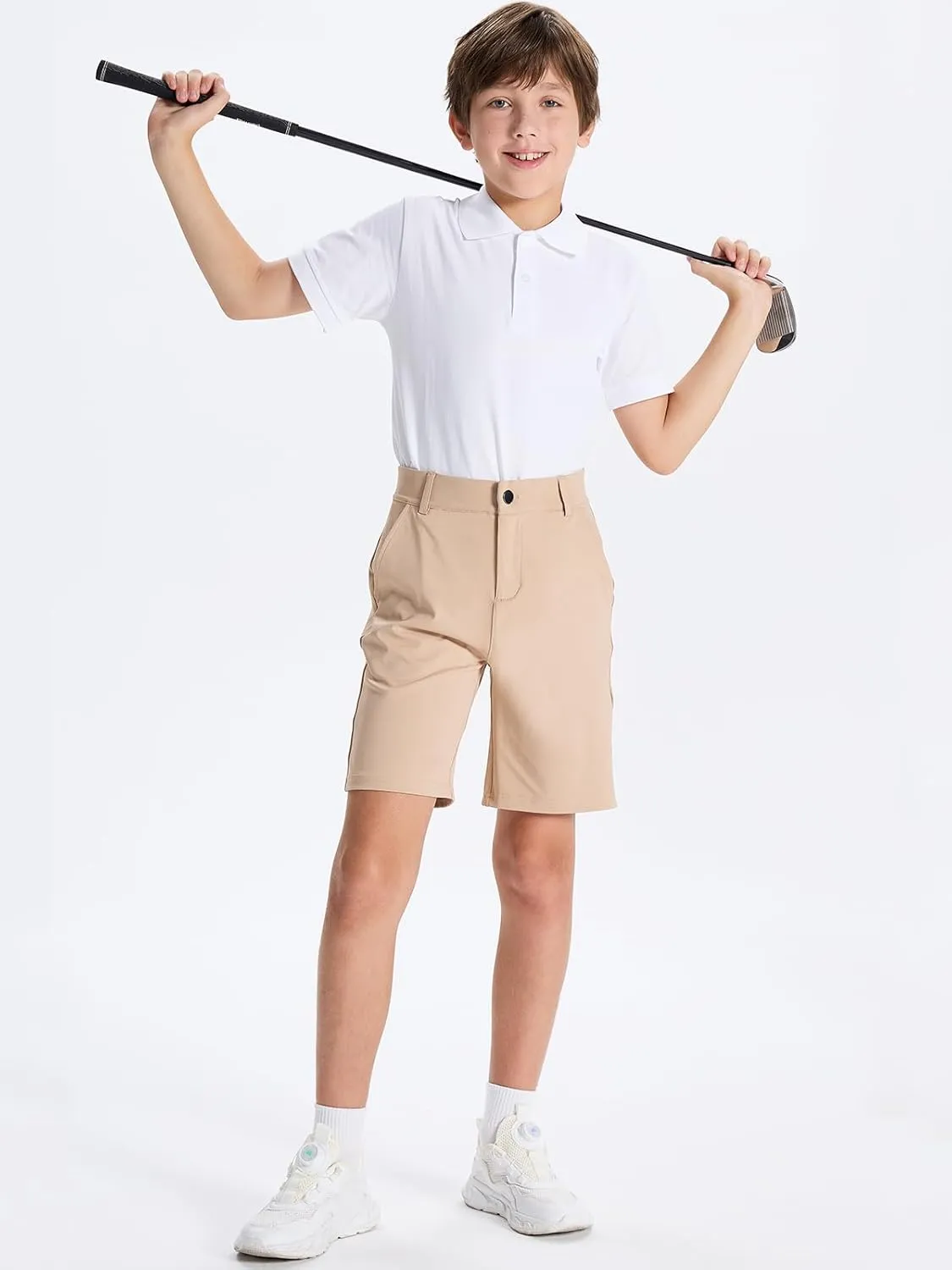 DEVOROPA Youth Boys Golf Shorts Stretch School Uniform Clothes Kids Flat Front Dress Chino Hybrid Twill Casual Shorts Pockets