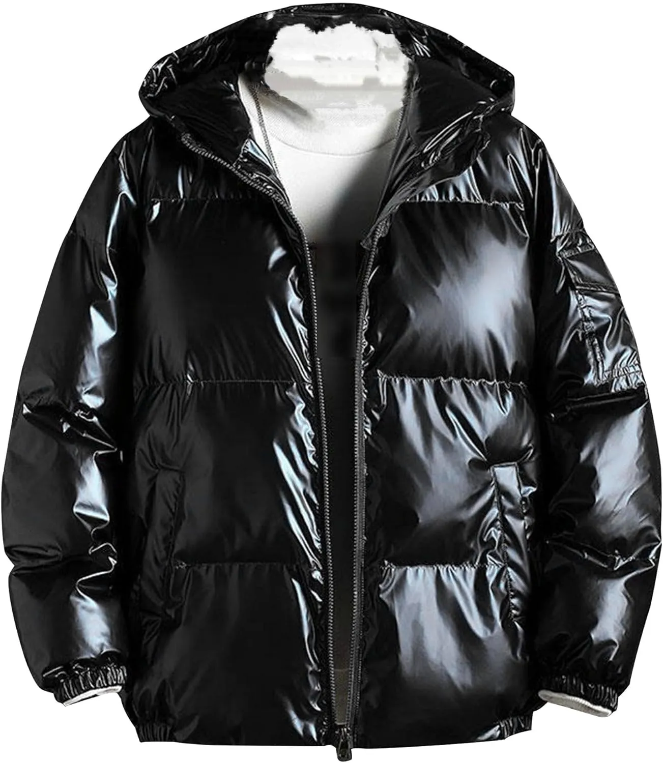 DGHM-JLMY Men's Glossy Padded Winter Hood Coat Metallic Full Zip Down Quilted Puffer Jacket Warm Plus Size Shiny Hooded Coat