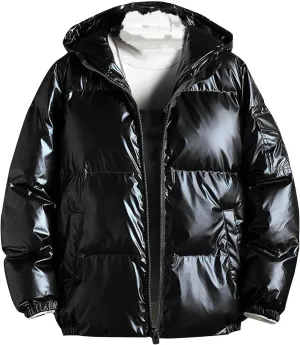 DGHM-JLMY Men's Glossy Padded Winter Hood Coat Metallic Full Zip Down Quilted Puffer Jacket Warm Plus Size Shiny Hooded Coat
