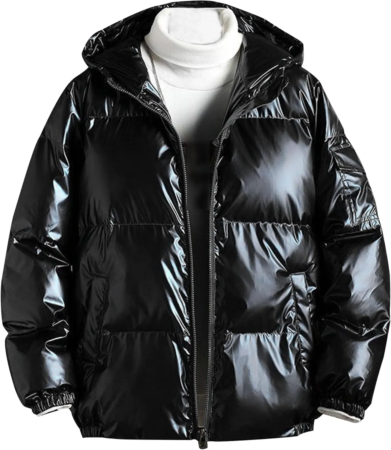 DGHM-JLMY Men's Glossy Padded Winter Hood Coat Metallic Full Zip Down Quilted Puffer Jacket Warm Plus Size Shiny Hooded Coat