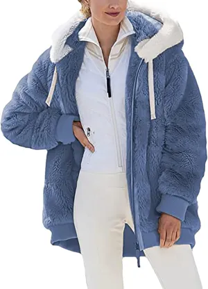 DOLKFU Women Oversized Winter Coat Jacket Zip Up Hooded Coats Shaggy Fleece Open Front Jackets Thick Sherpa Lined Warm Tops
