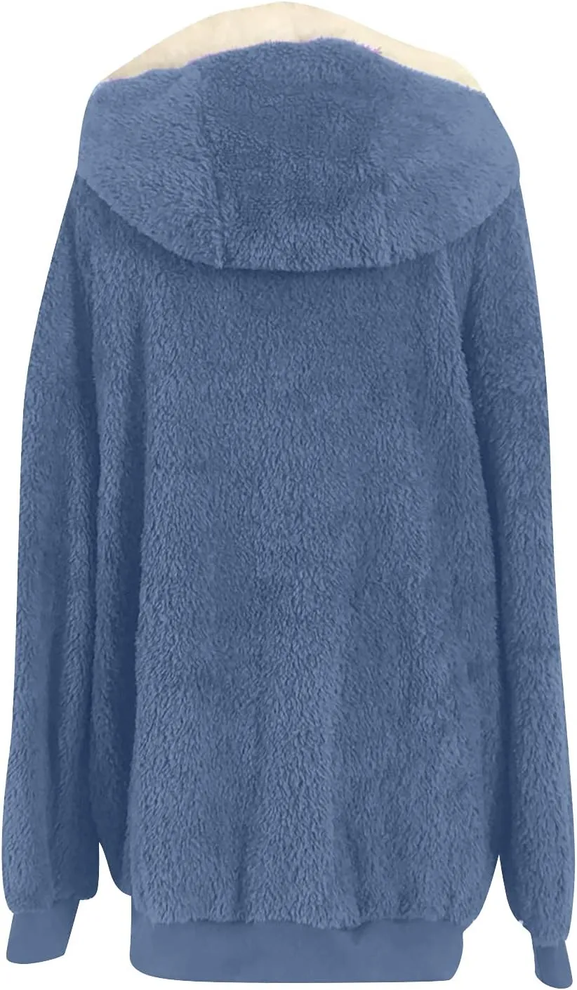 DOLKFU Women Oversized Winter Coat Jacket Zip Up Hooded Coats Shaggy Fleece Open Front Jackets Thick Sherpa Lined Warm Tops