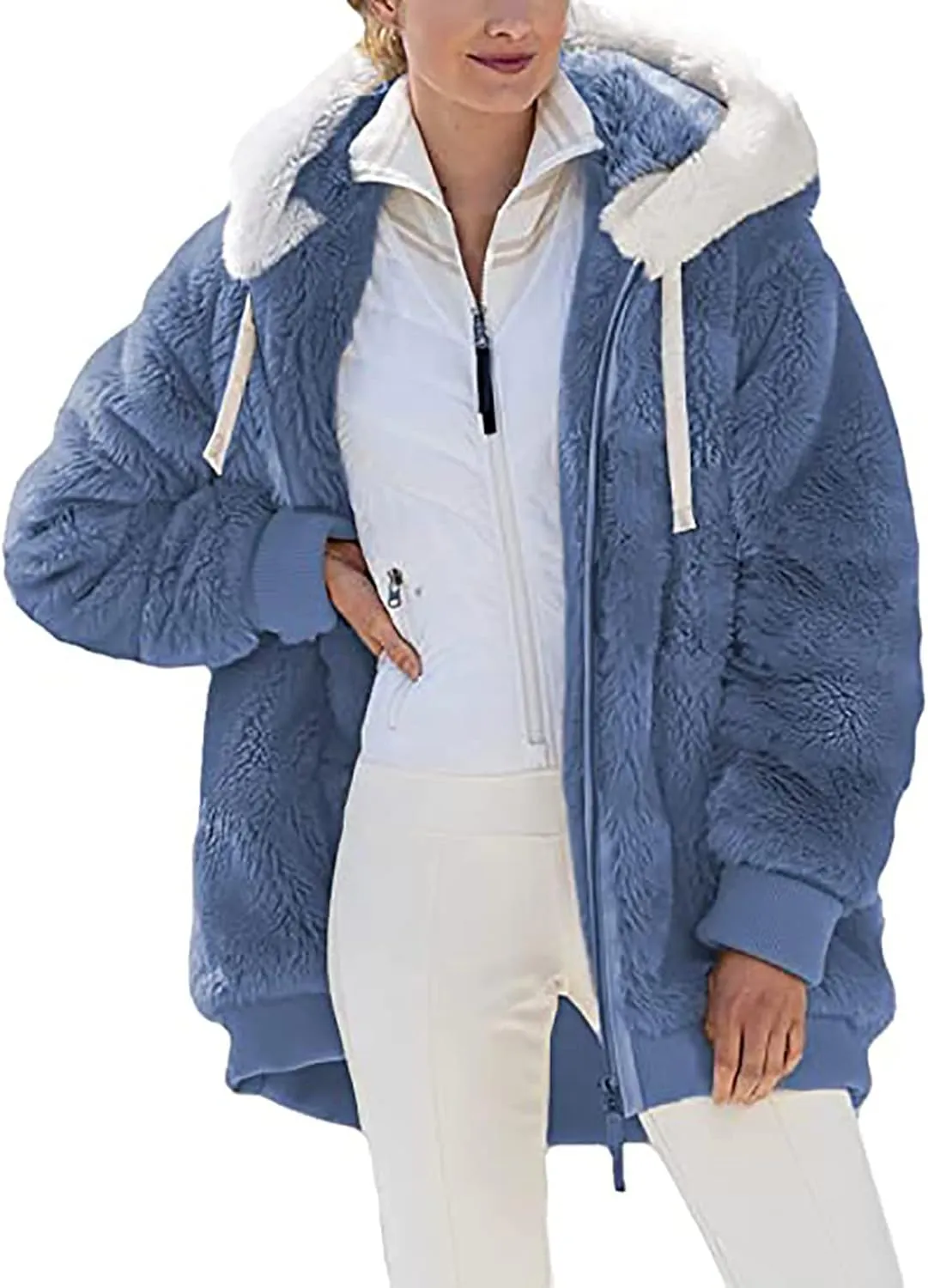 DOLKFU Women Oversized Winter Coat Jacket Zip Up Hooded Coats Shaggy Fleece Open Front Jackets Thick Sherpa Lined Warm Tops