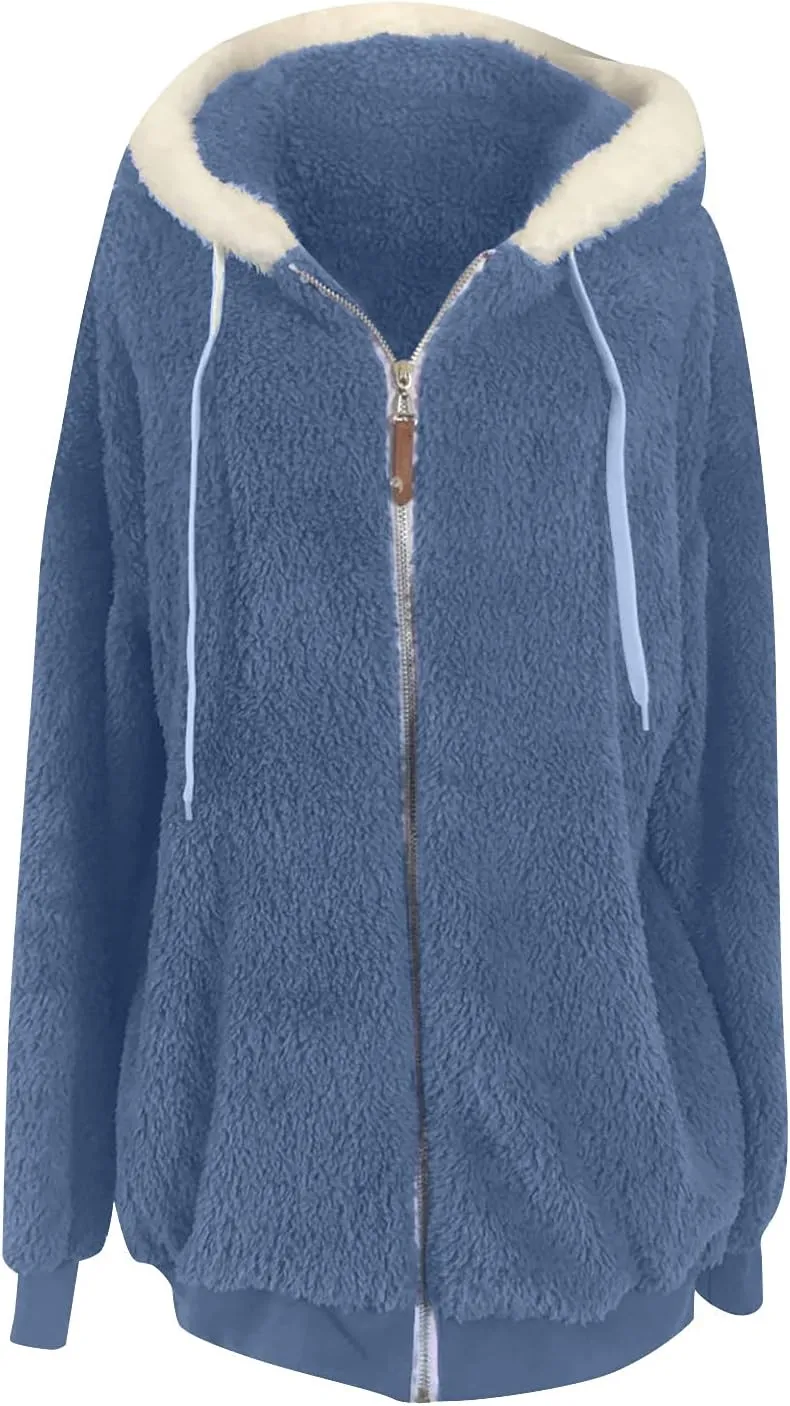 DOLKFU Women Oversized Winter Coat Jacket Zip Up Hooded Coats Shaggy Fleece Open Front Jackets Thick Sherpa Lined Warm Tops