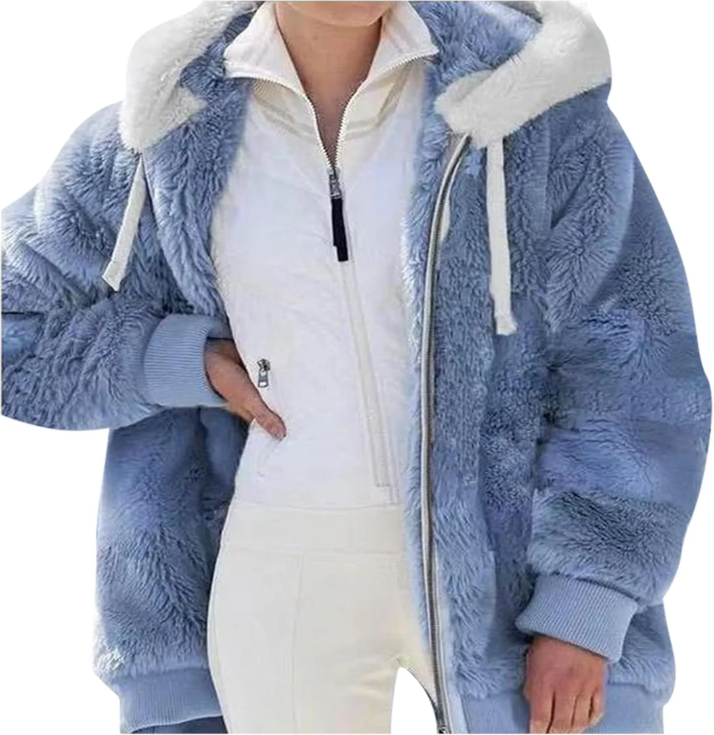 DOLKFU Women Oversized Winter Coat Jacket Zip Up Hooded Coats Shaggy Fleece Open Front Jackets Thick Sherpa Lined Warm Tops