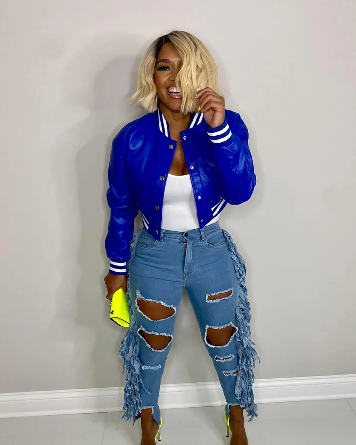 Doweha Women Faux Leather Jacket Light Moto Bomber Jackets Cropped Letterman Baseball Jacket Fall Coat with Pockets