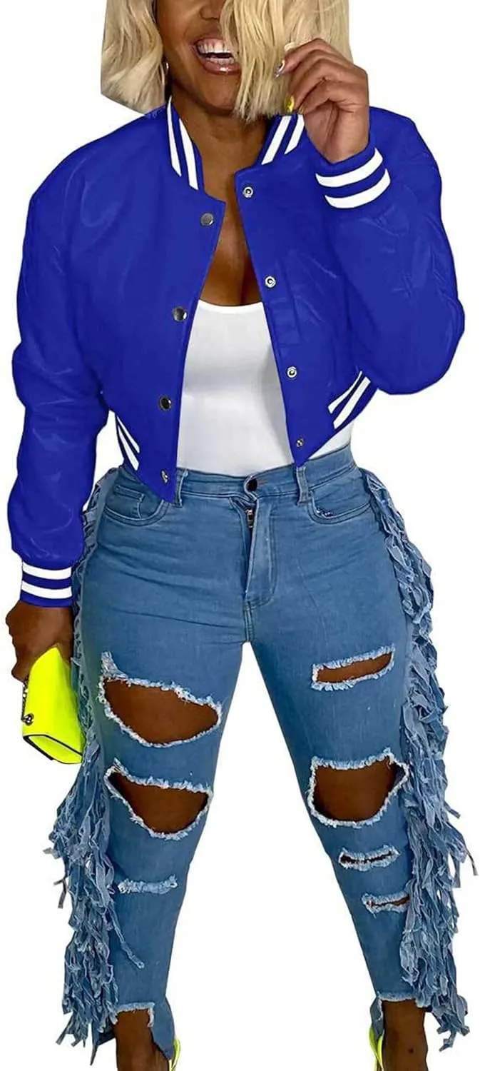 Doweha Women Faux Leather Jacket Light Moto Bomber Jackets Cropped Letterman Baseball Jacket Fall Coat with Pockets