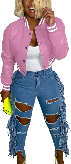 Doweha Women Faux Leather Jacket Light Moto Bomber Jackets Cropped Letterman Baseball Jacket Fall Coat with Pockets