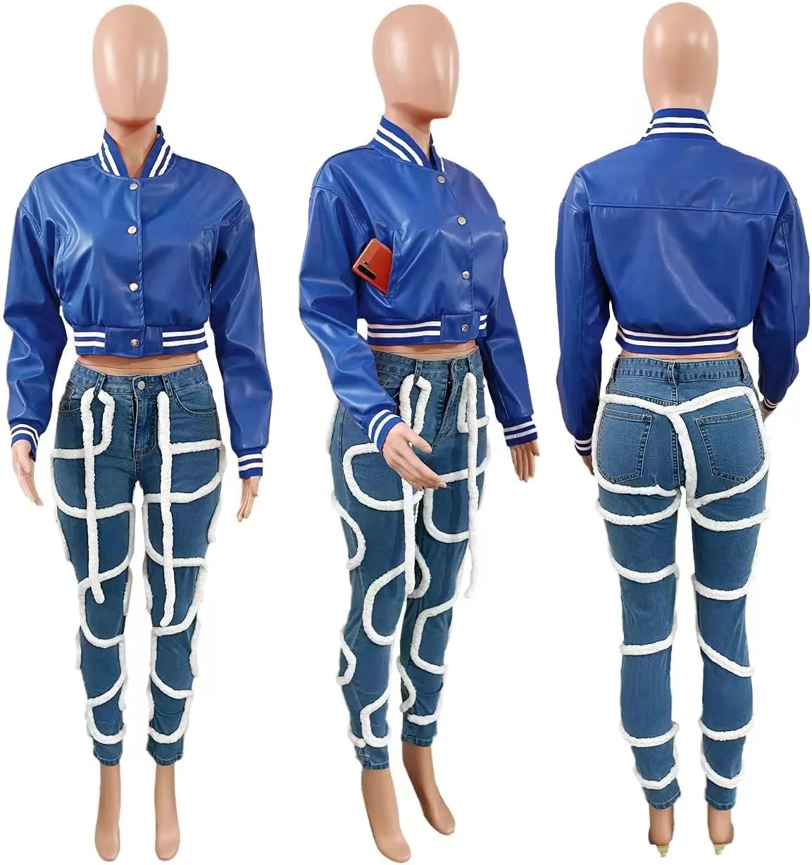Doweha Women Faux Leather Jacket Light Moto Bomber Jackets Cropped Letterman Baseball Jacket Fall Coat with Pockets