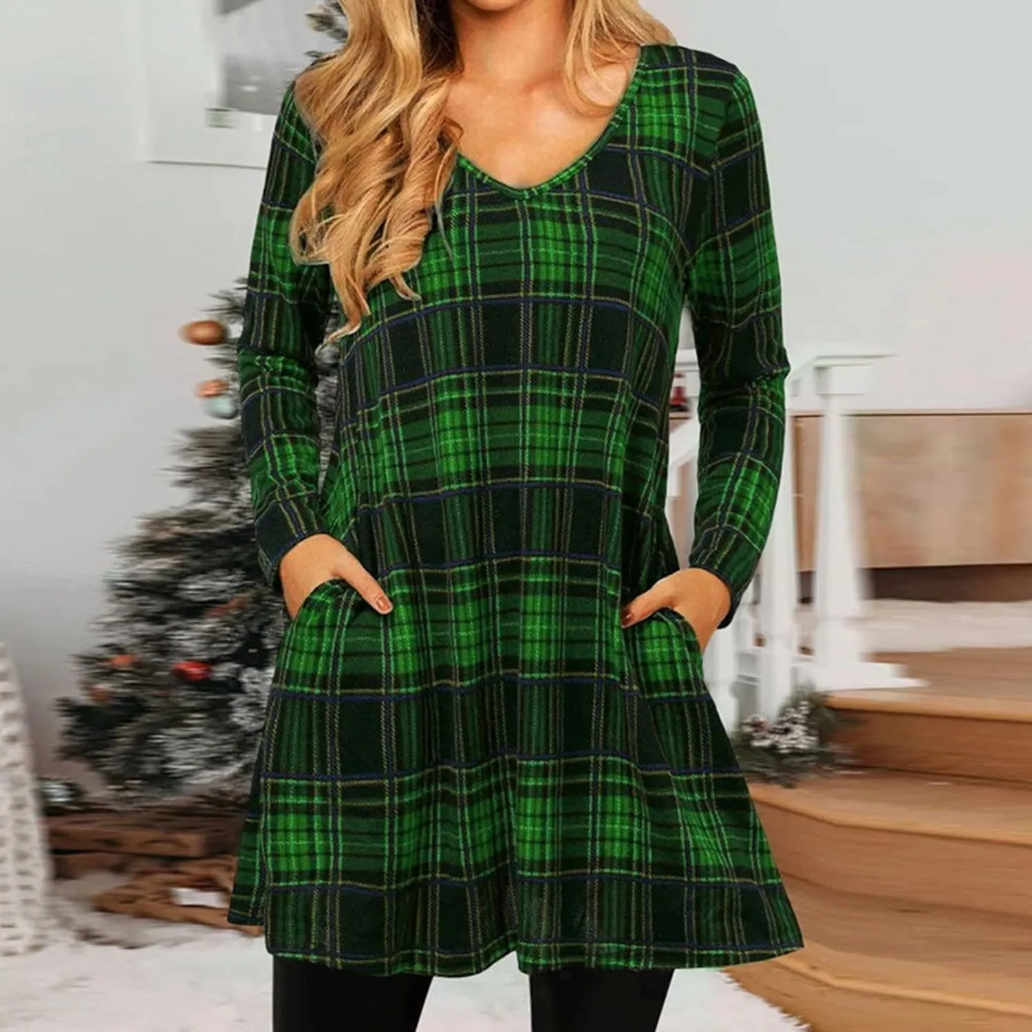 Dresses for Women Casual 2024 Plaid Knitted Long Sleeve Pleated Dress v Neck Loose Flowy Outdoor Fall Bodycon Dresses