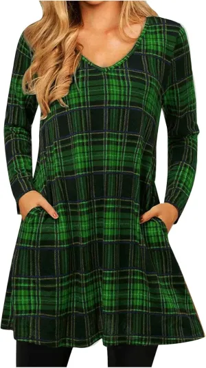 Dresses for Women Casual 2024 Plaid Knitted Long Sleeve Pleated Dress v Neck Loose Flowy Outdoor Fall Bodycon Dresses