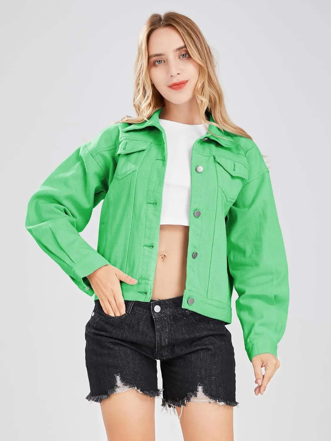 ebossy Women's Candy Color Denim Jacket Relaxed Fit Casual Jean Trucker Jacket