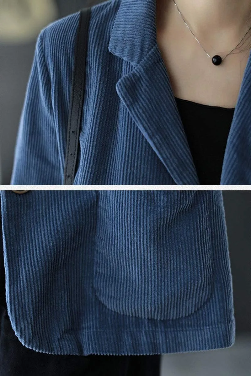 ebossy Women's Casual Relaxed Fit Notch Collar Two Button Corduroy Blazer Jacket