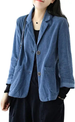 ebossy Women's Casual Relaxed Fit Notch Collar Two Button Corduroy Blazer Jacket