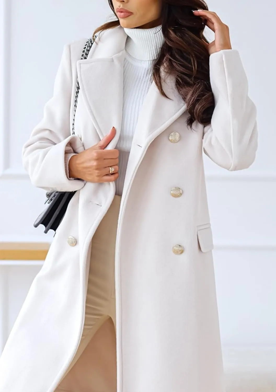 EFOFEI Women's Classic Long Sleeved Jacket Lapel Collar Coats Solid Color Wrap Coats With Pockets