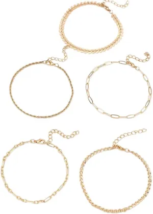Elegant Gold Anklet Set for Women - 5-Piece Adjustable Chain Anklets with Minimalist Link, Rope, and Leaf-Inspired Designs, Perfect for Everyday and Beachwear