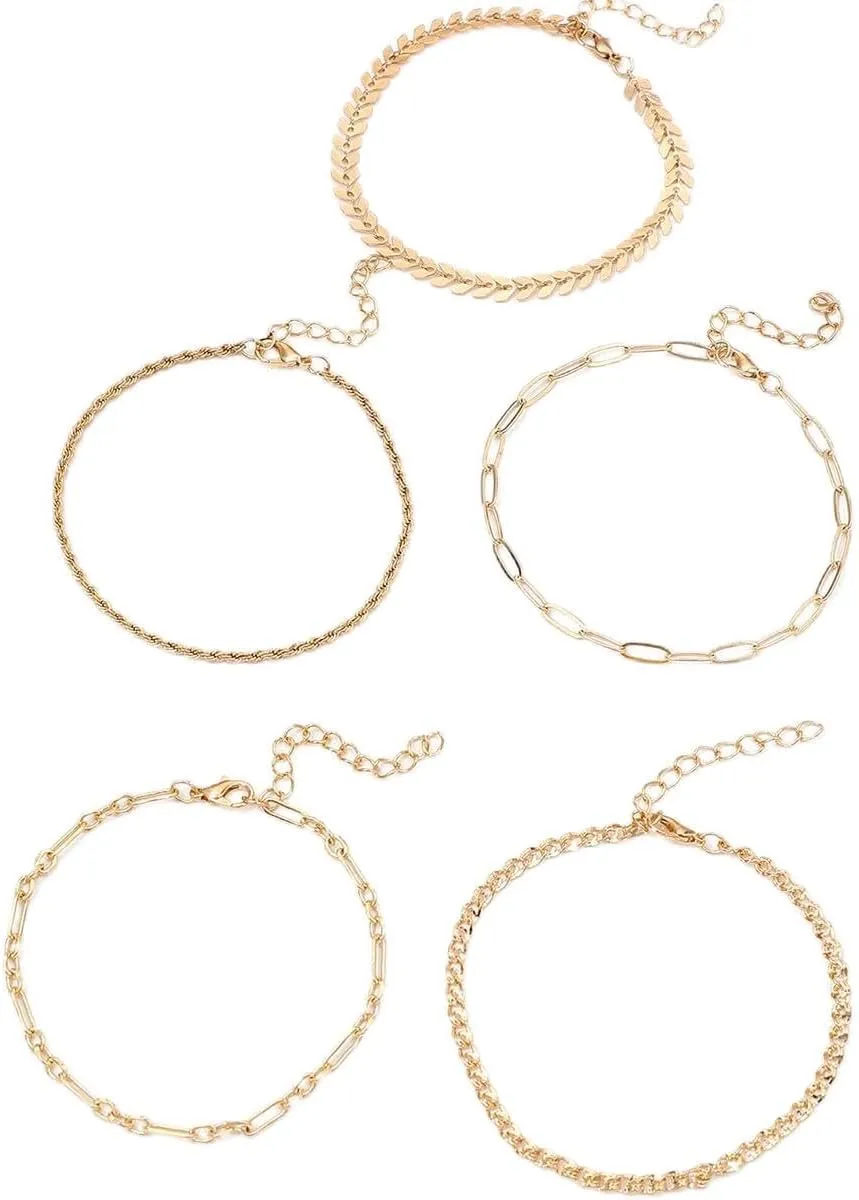 Elegant Gold Anklet Set for Women - 5-Piece Adjustable Chain Anklets with Minimalist Link, Rope, and Leaf-Inspired Designs, Perfect for Everyday and Beachwear
